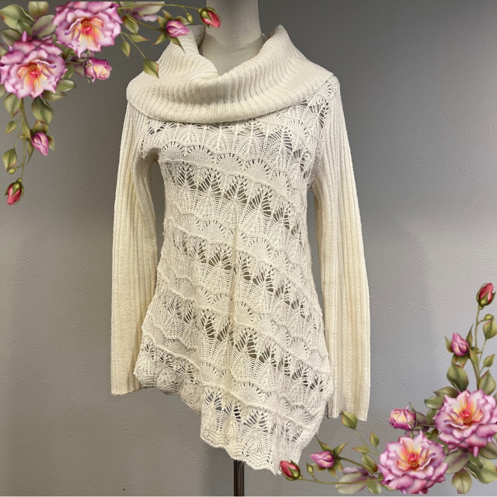See through off white cowl neck‎ asymmetrical Sweater